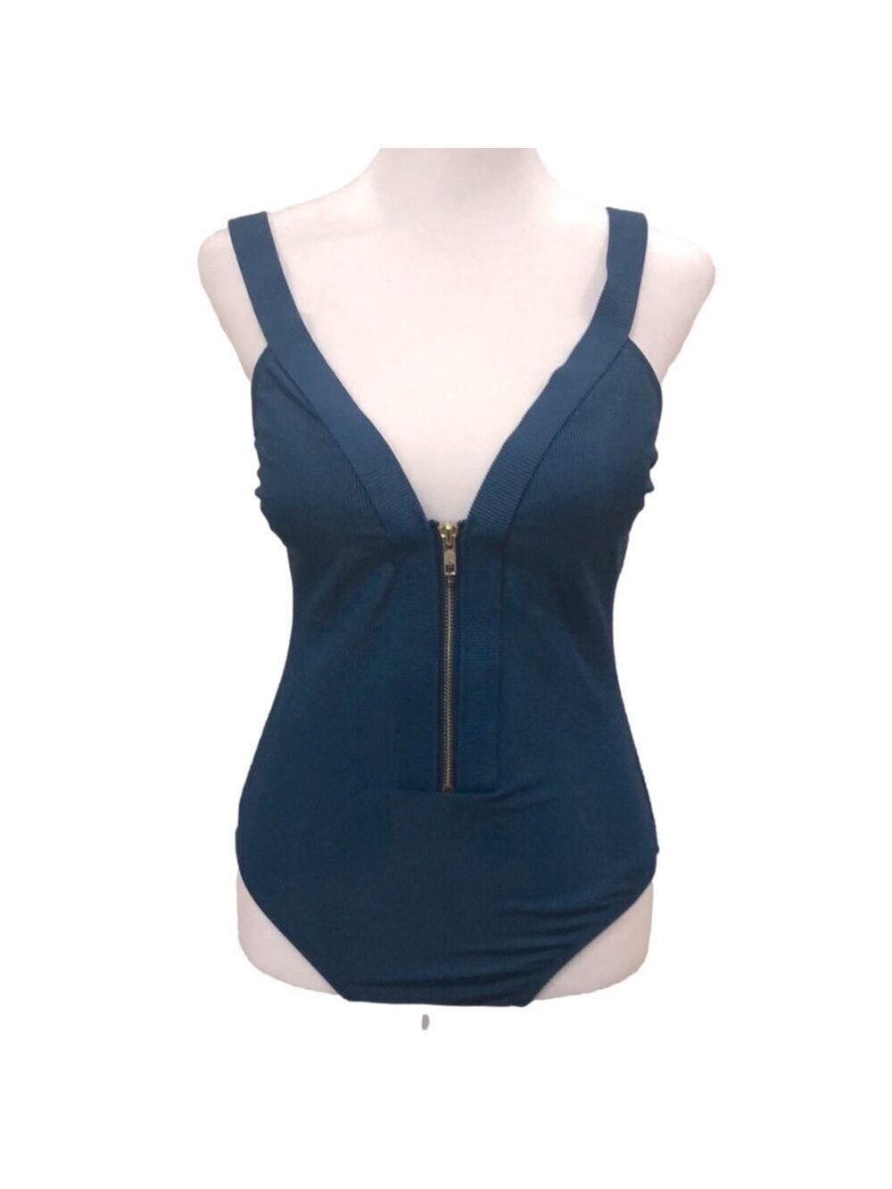 KONA Sol dark teal one piece swimsuit zipper front plunge neckline. Size S